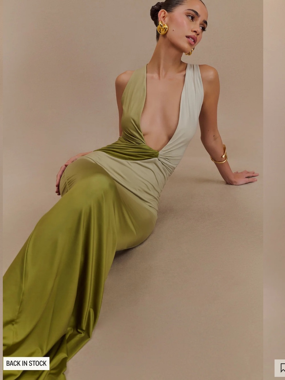 Meshki - Stella Draped Slinky Maxi Dress - Ombre Vintage Olive